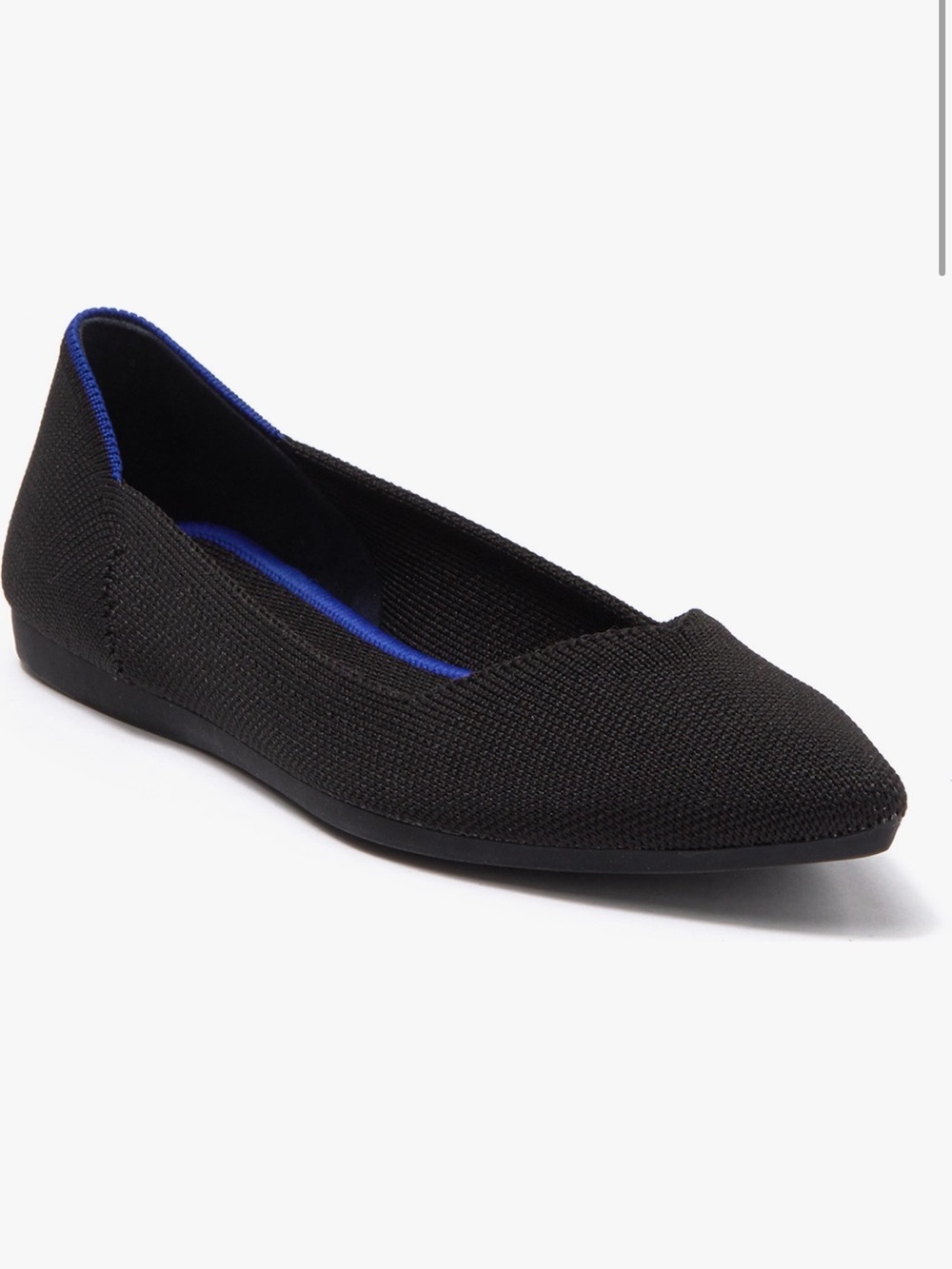 Rothy's Black Pointed Knit Ballet Flat with Blue Trim